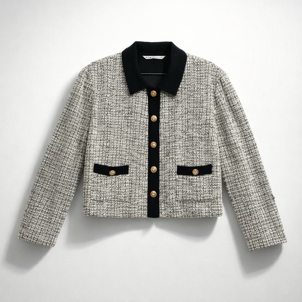 Cleo Petites Women Black White Tweed Gold Metallic Button Front Blazer‎ Jacket L